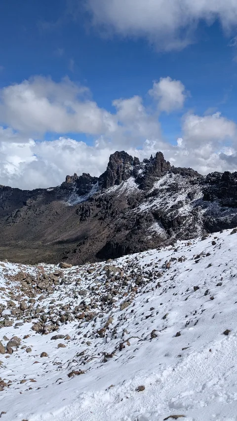 Rocky snow-tipped peaks of Mount Kenya